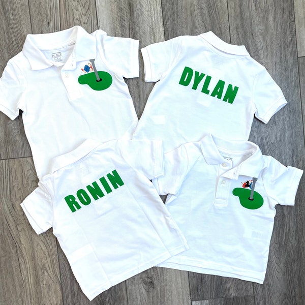 Golf birthday shirt, Front and back -Boy or girl, toddler white polo golf SHIRT with argyle flag, personalized on back in green applique