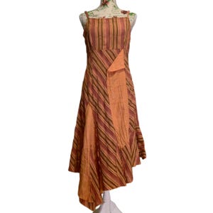 Vintage Y2K Asymmetrisches Midi Kleid | Erdfarben Patchwork Boho Streifen