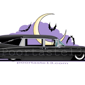 May include: A black vintage hearse illustration featuring a low profile, white-wall tires, and chrome accents. Behind the vehicle is a yellow crescent moon, purple clouds, and three black bats. The text Poortaste13 and poortaste13.com is visible.