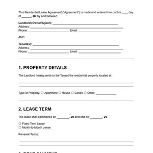 Puede incluir: Documento blanco titulado "RESIDENTIAL LEASE AGREEMENT" con campos rellenables para información del arrendador y del inquilino. Incluye secciones sobre detalles de la propiedad, plazo del contrato de arrendamiento y pago del alquiler.
