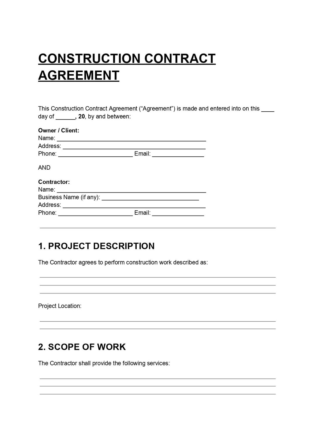 Construction Contract Template DOC PDF, Builder Agreement - Etsy
