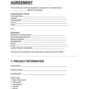 Construction Contract Agreement Template, Editable Contractor Agreement, Construction Project Contract, 19 Page Digital Download
