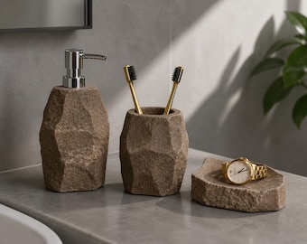 Juego de baño de arenisca roja, dispensador de jabón de piedra natural, jabonera, portacepillos de dientes, regalo de decoración de baño estilo boho