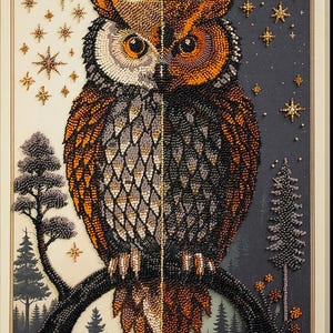 May include: A detailed artwork of an owl, split vertically to represent day and night. The left side depicts a sun and stars, while the right shows a moon and stars. The owl is perched on a branch, with a forest scene below.