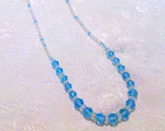 Baby Blue Clear Crystal Glass Graduated Beaded Necklace