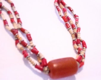 Vintage Boho Inspired Orange and Tan Beaded Station Necklace