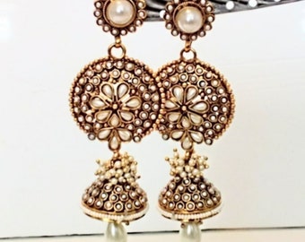 Middle Eastern Inspired Gold Tone Double Drop Faux Pearl Statement Earrings