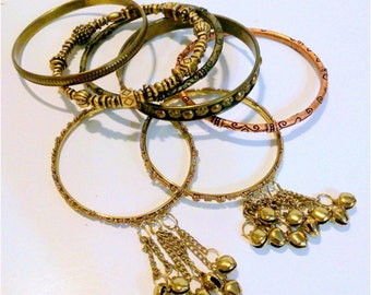 Lot of Seven Boho Inspired Brass and Copper Tone Bangle Bracelets