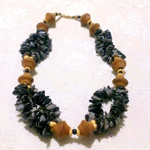Ethnic Inspired Snowflake Obsidian and Wood Bead Necklace
