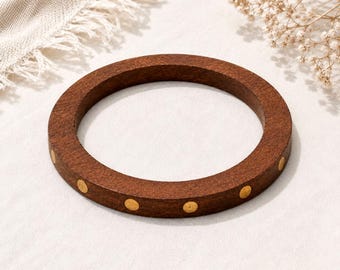 Vintage Brass Studded Wood Bangle Bracelet