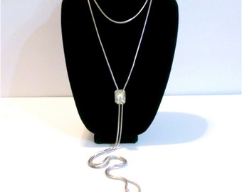 Vintage Silver Tone Long Rhinestone Accented Lariat Necklace