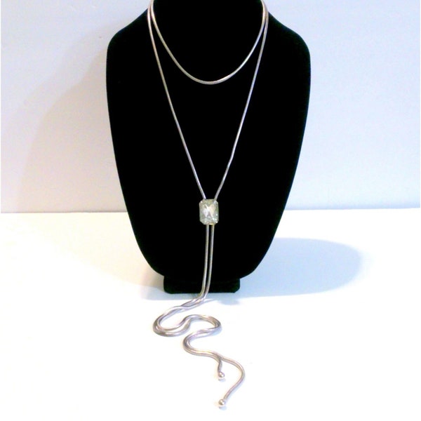 Vintage Silver Tone Long Rhinestone Accented Lariat Necklace