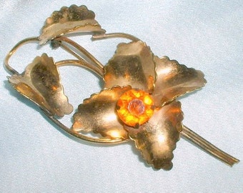 Vintage 1940's Orange Rhinestone Flower Brooch