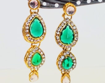 Green and Clear Rhinestone Drop Statement Earrings