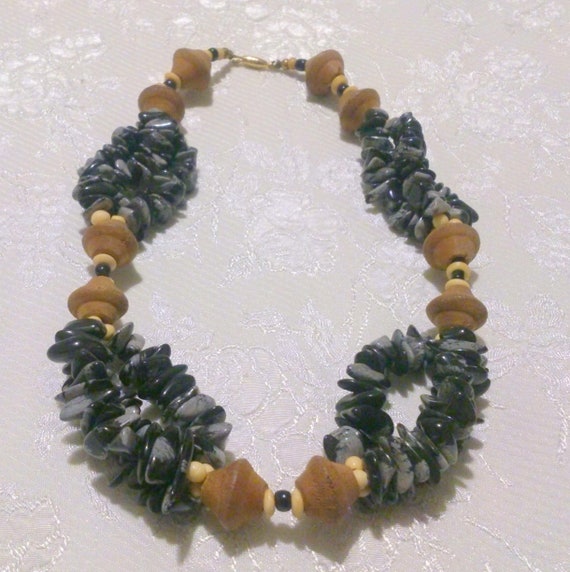 Ethnic Inspired Snowflake Obsidian and Wood Bead … - image 3
