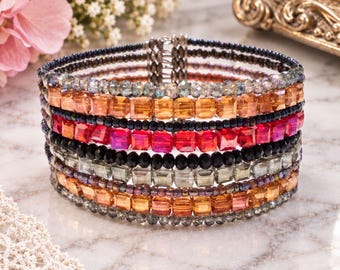 Multi Colored Crystal and Seed Bead Wired Cuff Bracelet