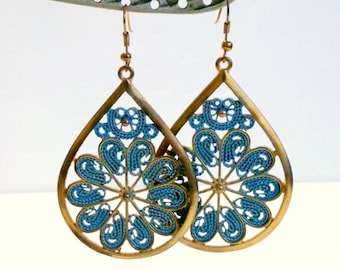 Vintage Brass and Teal Boho Inspired Drop Statement Earrings