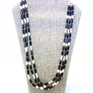 Vintage Trifari Black Bead and Faux Pearl Long Multi Strand Beaded Necklace