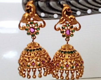 Gold Tone Eastern Inspired Enamel Peacock Drop Earrings