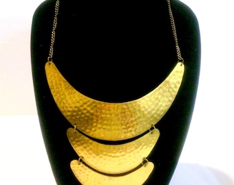 Vintage Boho Inspired Hammered Brass Articulated Statement Bib Necklace