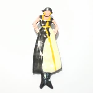 Vintage Enamel on Copper Woman Figural Brooch  Blue & Cream Dress Lady Retro