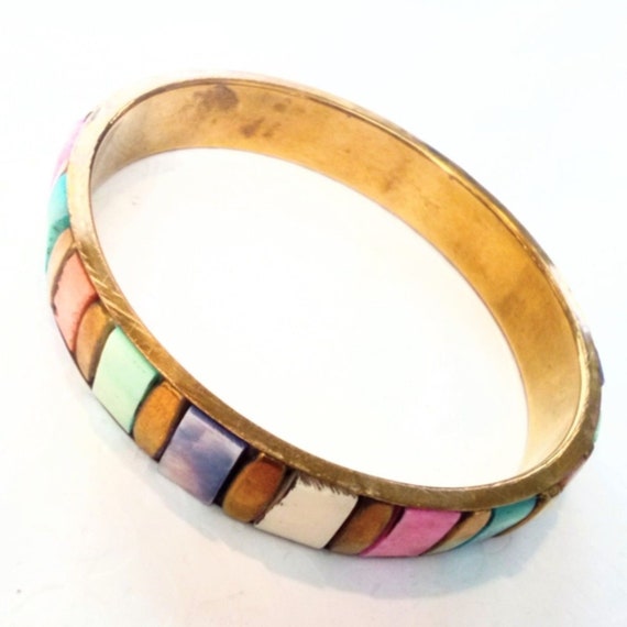 Vintage Multi Color Dyed Inlaid Shell Brass Bangl… - image 2