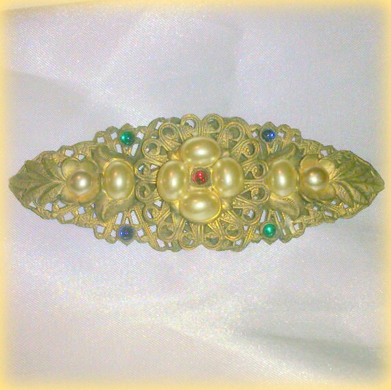 Vintage Faux Pearl Flower Bar Pin - image 2