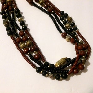 Vintage Boho Ethnic Inspired Black Burgundy Wood Bead Multi Strand Necklace