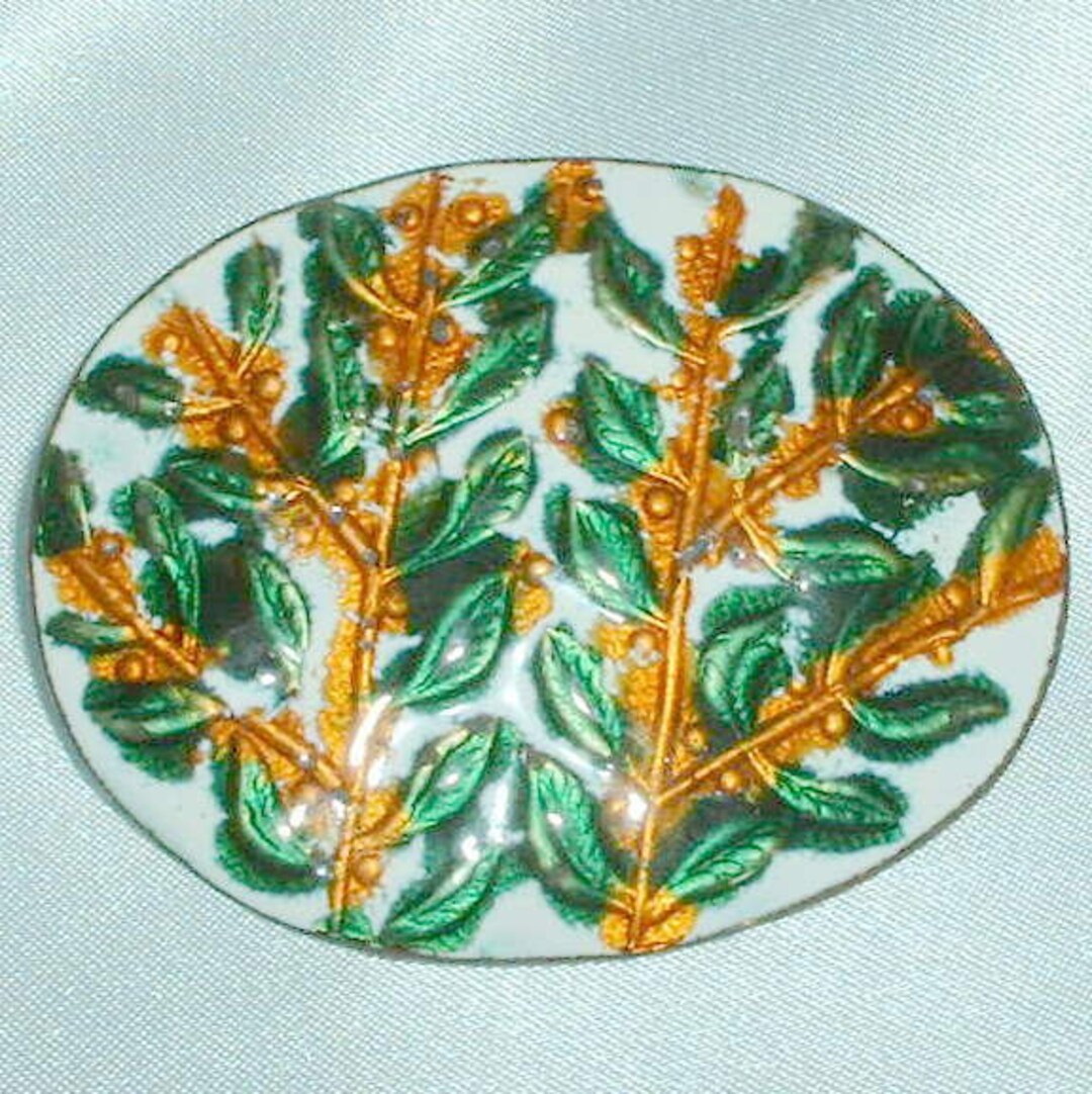 Vintage Enamel on Copper Leaf Design Brooch Etsy