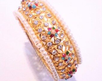 Ornate Gold Tone Multi Color Rhinestone and Faux Pearl Bangle Bracelet