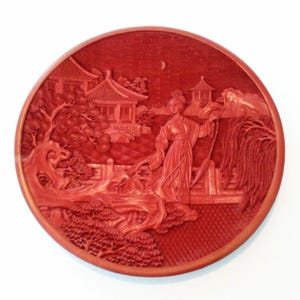 Vintage Chinese Cinnabar Intricately Carved Plate