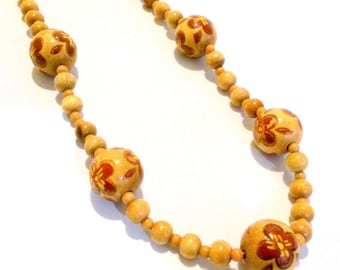 Vintage Painted Flower Themed Wood Bead Necklace