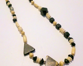 Vintage Ethnic Wood and Bovine Bone Asymmetrical Beaded Necklace