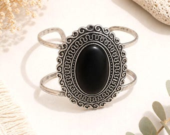 Boho Inspired Silver Tone Black Cabochon Statement Cuff Bracelet