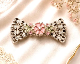 Vintage 1928 Jewelry Silver Tone and Pink Enamel Bow Brooch