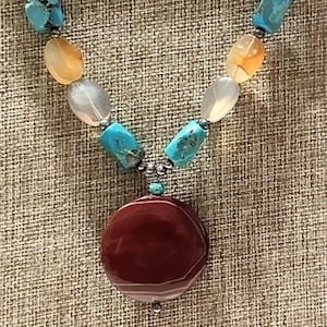 Multi Color Agate and Turquoise Beaded Pendant Necklace