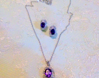 Silver Tone Purple Clear Rhinestone Necklace Earring Demi Parure