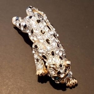 Vintage Gold Ton Strass und schwarze Emaille Leopard Brosche