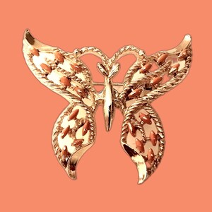 Vintage Gold Ton Orange Emaille Akzentuierte Schmetterling Brosche