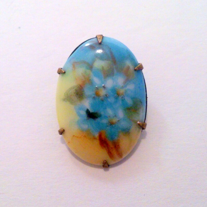 Antique Victorian Small Hand Painted China Blue Flower Brooch Pin