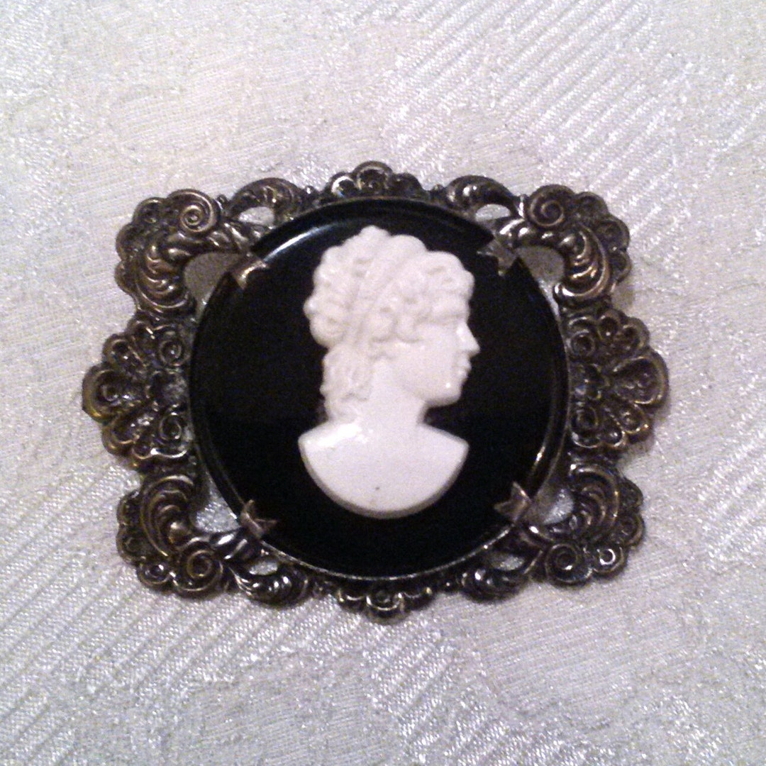 Vintage Black and White Silver Frame Cameo Brooch Etsy