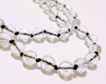 Faceted Clear Glass Beaded Necklace Hand Knotted On Black Cord Sterling Clasp