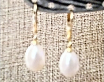 Sterling Vermeil Lever Back Genuine Pearl Drop Earrings