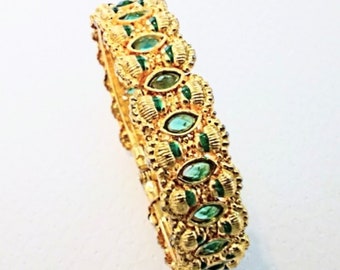 Ornate Gold Tone Green Rhinestone Eastern Inspired Hinged Bangle Bracelet