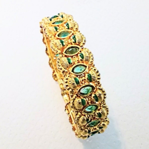 Ornate Gold Tone Green Rhinestone Eastern Inspired Hinged Bangle Bracelet