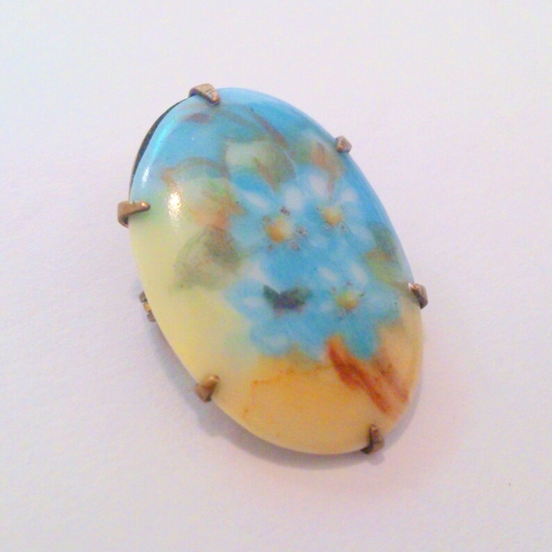 Antique Victorian Small Hand Painted China Blue Flower Brooch Pin