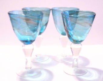 Set of Four Vintage Hand Blown Heavy Blue and Gold Swirl Goblets