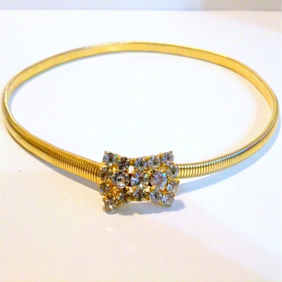 Vintage Gold Tone Rhinestone Buckle Stretch Belt - image 1