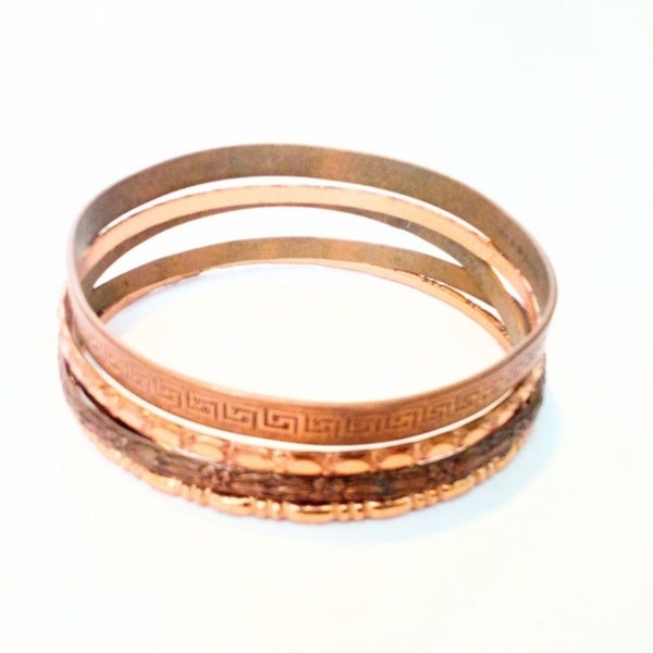 Set of Five Vintage Embossed Copper Bangle Bracelets