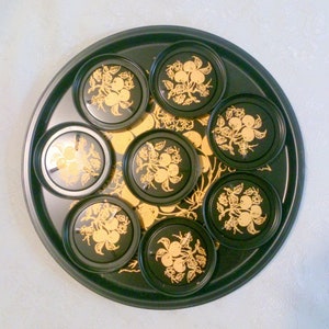 Vintage Mid Century Black Gold Fruit Theme Metal Serving Tray with Coasters